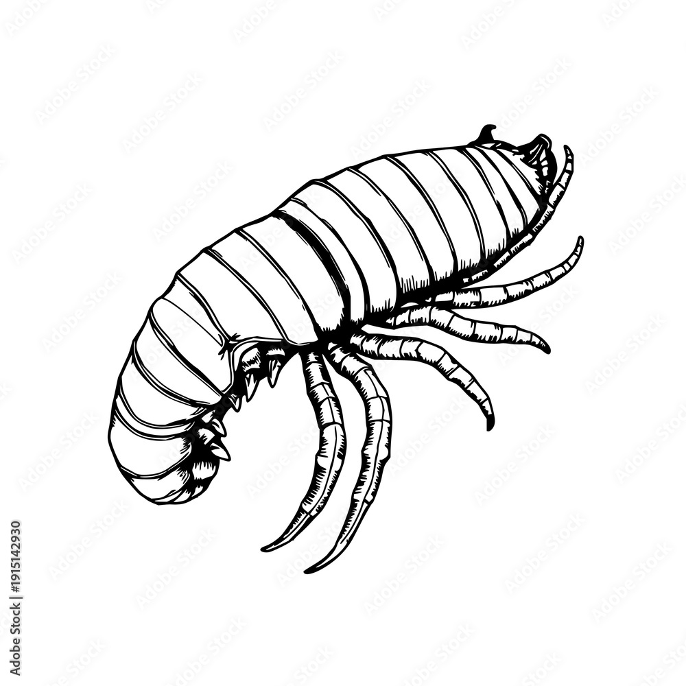 Obraz premium Intricate Hand-Drawn Giant Isopod Illustration: Deep-Sea Marine Biology in Antique Woodcut Style on a White Background
