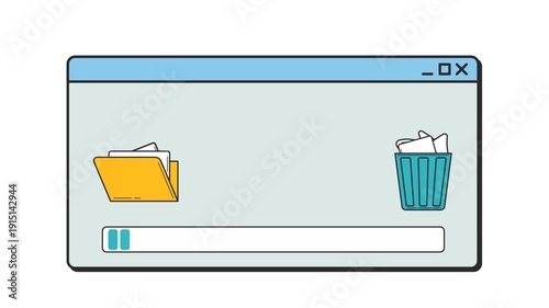 Old windows interface animation of deleting files. Moving computer documents from folder to recycle bin. Vintage 90s operating system style progress bar with flying papers. 4K transparent background.