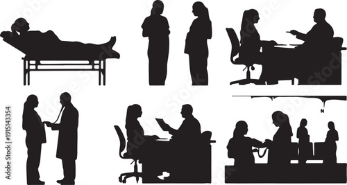 Silhouette collection of medical professionals standing with clipboards and stethoscopes, representing healthcare workers, doctors and nurses in vector illustration style