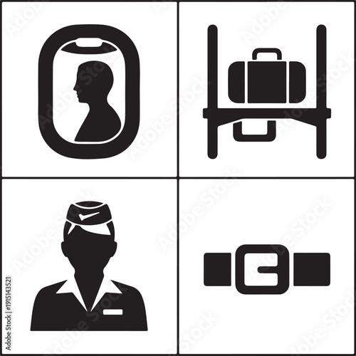 Four black silhouettes of an airplane passenger, luggage on a cart, flight attendant, and a