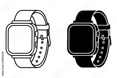 Vector illustration of smartwatch designs, black and white outline styles on white background