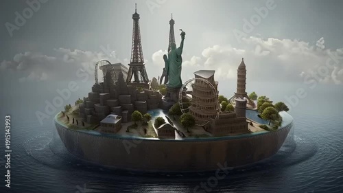 Surreal island with famous landmarks from around the world