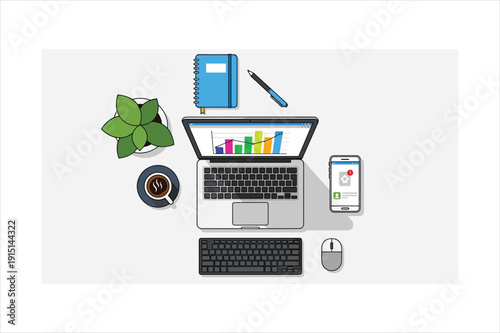 Laptop computer with colorful graphs and office supplies on a clean workplace surface