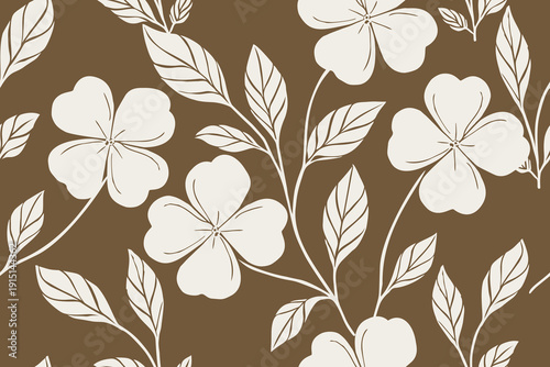 Elegant seamless floral pattern with cream blossoms and leaves on warm brown background, vintage botanical style ideal for fabric wallpaper and decor prints.