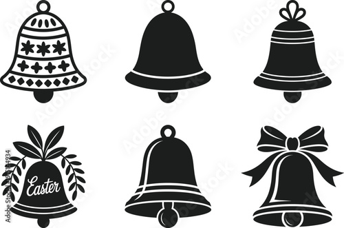Easter Bell Silhouette Collection with Decorative Ribbon and Spring Icons