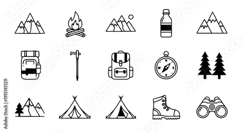 Outdoor Exploration and Nature Trekking Icon Pack – Hiking and Camping Vector Outline