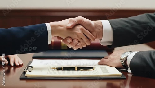 Two business executives completing a deal with a handshake over documents in a formal setting