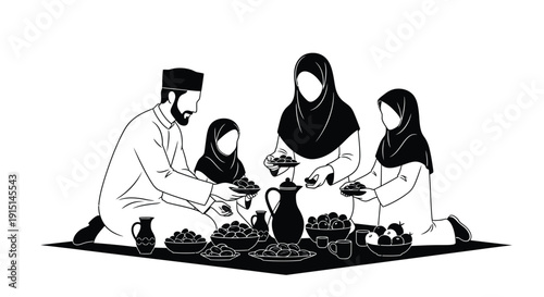 Muslim family sharing a meal together depicted in black silhouette