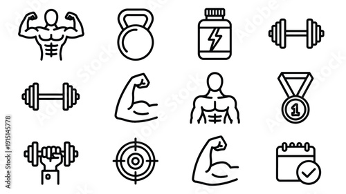 Black line icons of fitness and exercise symbols and objects