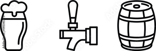 Beer glass, draft tap and wooden barrel icon set, brewery beverage outline vector symbols isolated on white background