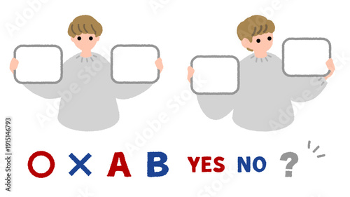 比較説明用ボードを持つ人物フラットイラストセット 選択肢提示と差し替え対応ベクター素材