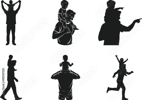 Dad Carrying Child on Shoulders Silhouette with Family Bond Vector