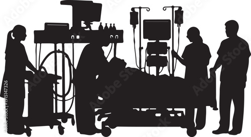 Medical emergency silhouette showing doctors and nurses transporting patient on hospital stretcher, healthcare rescue teamwork vector illustration isolated on white background