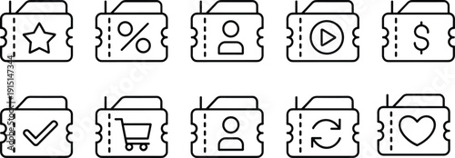 Coupon ticket line icons set, discount voucher outline collection, ecommerce shopping symbols, promotional offer tickets, minimal vector icon design