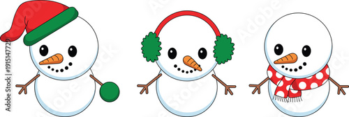 Cute snowman cartoon set, Christmas winter holiday characters, festive snowmen with hat scarf earmuffs isolated illustration design