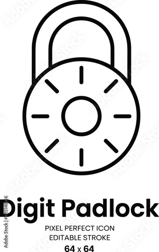 Digital padlock icon, secure password protection symbol, cybersecurity and data privacy concept, editable stroke vector illustration design