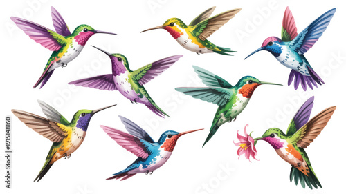 colorful hummingbirds in flight with flowers