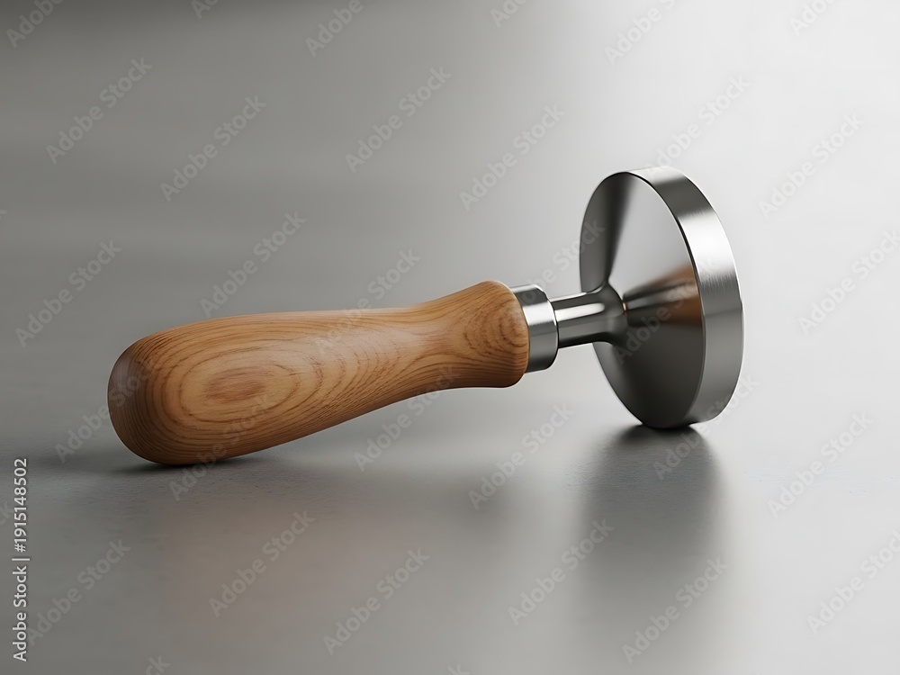 Fototapeta premium Modern coffee press with wood handle and stainless steel base on gray surface