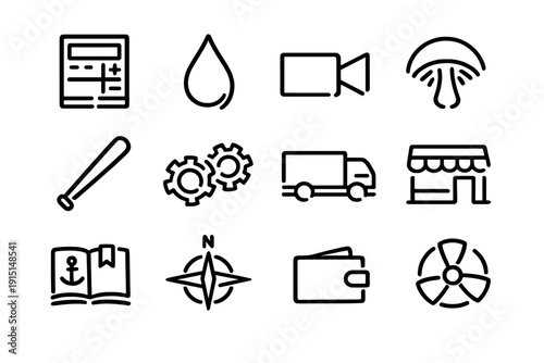 Minimalist black line icons set featuring calculator water drop camera mushroom baseball bat gears truck shop book compass wallet and fan