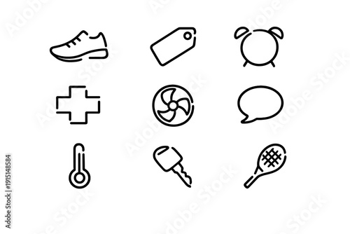 Minimalist line icons set featuring sneaker price tag alarm clock medical cross fan speech bubble thermometer key and tennis racket