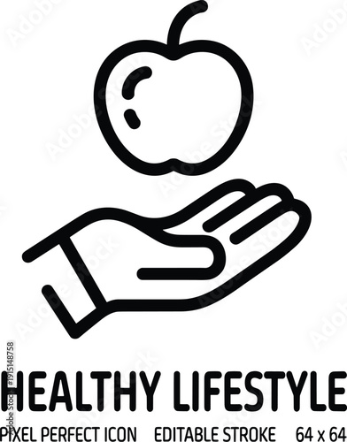 Healthy lifestyle icon, hand holding apple symbol, nutrition and wellness concept, clean line vector illustration design