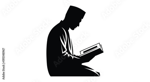 A man deeply engrossed in reading a book black silhouette