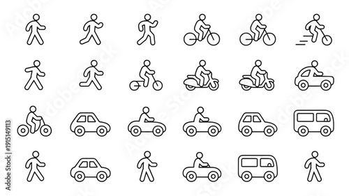 line icons of people walking and riding bicycles and motorcycles and cars and buses on white background