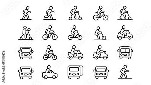 line icons of people walking and riding bicycles and scooters and vehicles
