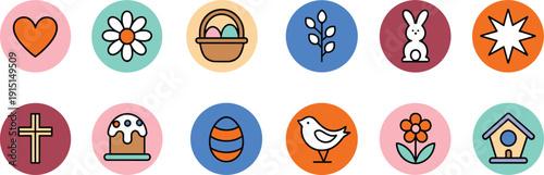 Set of colorful Easter icons in round frames, spring holiday symbols including bunny egg flower cross and basket