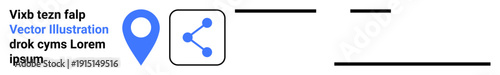 Navigation tools, data sharing, location services, connectivity, digital tools, user interfaces. Blue pin and share symbol next to placeholder text. Navigation tools and data sharing concepts