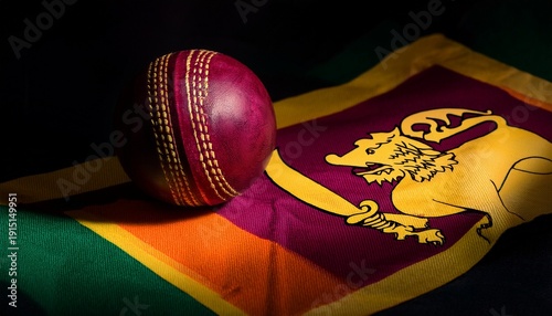 light shining on red cricket ball placing on Sri Lanka flag in the dark; free space for text