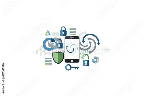 Mobile phone security concept with lock shield and key icons on transparent background