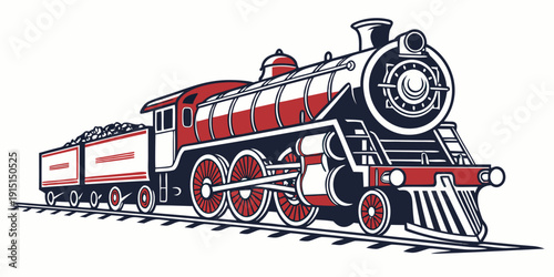 A vintage steam locomotive with bold red and silver detailing, moving forward with power.