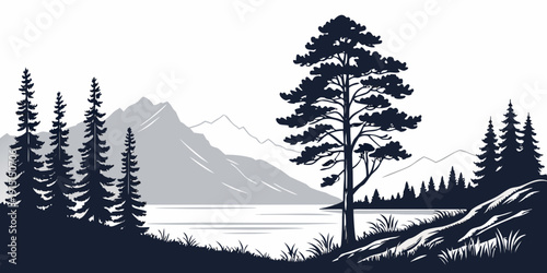 Silhouette of trees and mountains against a serene lake at sunset