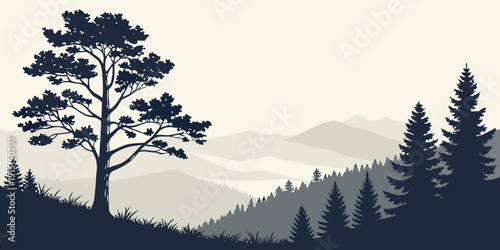 Majestic trees stand tall against the backdrop of a misty mountain range at dawn.