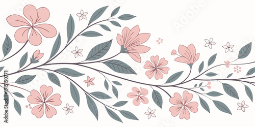 A delicate arrangement of pink flowers and green leaves on a white background