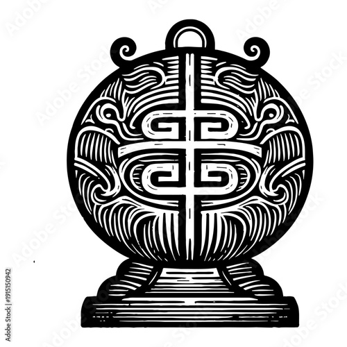 Antique Chinese Ceramic Vessel With Intricate Scrollwork Design And Base In Black And White