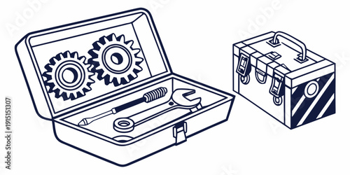 A vintage toolbox with various gears and tools next to a small metal box.