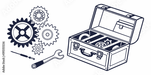 An assortment of tools and mechanical parts displayed on a white background