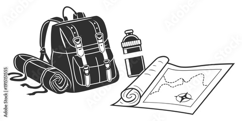 A backpack, water bottle, and map laid out on a table ready for an adventure.
