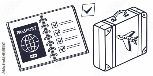 Travel essentials checklist and suitcase with plane sticker for upcoming journey