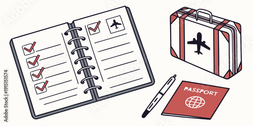 A collection of travel essentials including a passport, first aid kit, and planner.