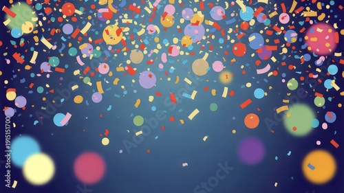 Festive falling confetti and balloons in vibrant colors against a blurred blue background, creating a celebratory atmosphere for parties and events.