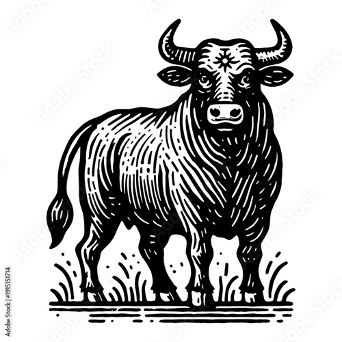 Detailed Black And White Engraving Of A Bull Standing In Tall Grass