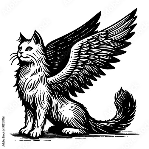 Detailed Black And White Engraving Of A Winged Cat Sitting With Its Tail Curled