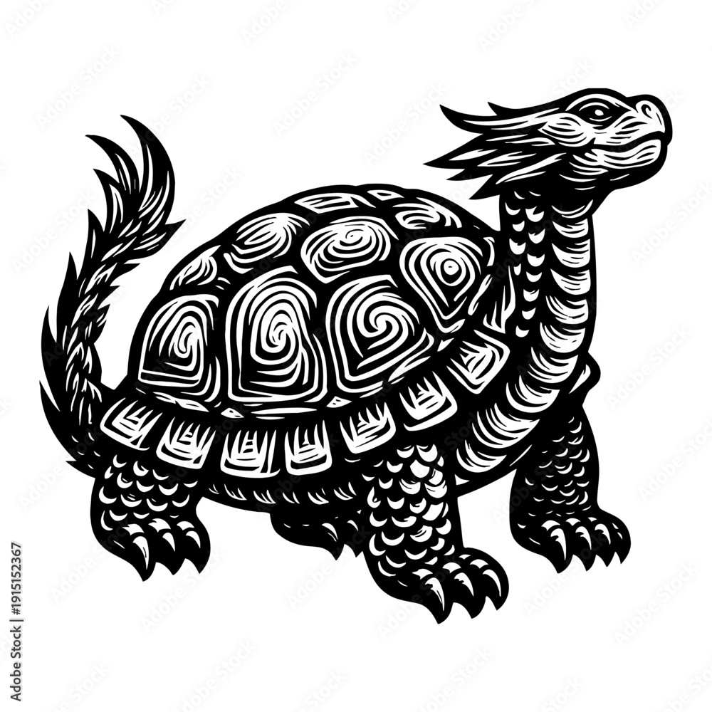 Fototapeta premium Mythical Dragon Turtle Creature Fantasy Art Black And White Woodcut Style