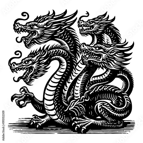 Monstrous Hydra Dragon With Multiple Heads Claws And Scales Black Ink Drawing