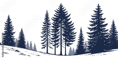 A serene winter landscape with tall pine trees covered in snow