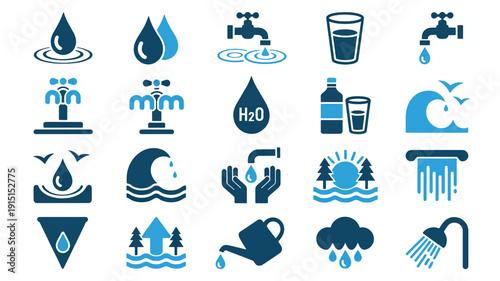 Set of blue water icons and symbols for conservation and hydration