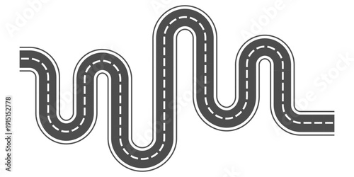 Flat vector illustration of a winding asphalt road with dashed lane markings, top view perspective. Isolated on white background.
